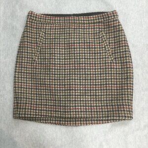 J Crew Wool Skirt 2 Brown Mini Houndstooth Plaid Zip Pockets Lined Career